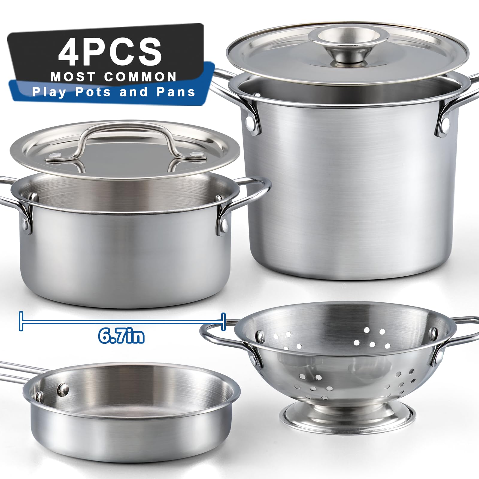 TikOnsYol stainless steel pots and pans with a polished finish for realistic pretend cooking.