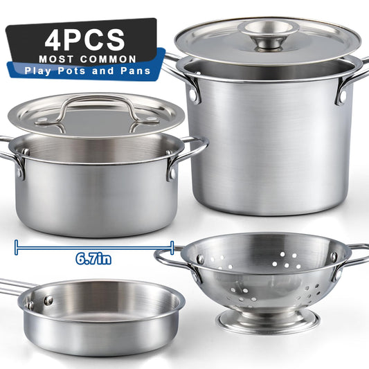 TikOnsYol stainless steel pots and pans with a polished finish for realistic pretend cooking.