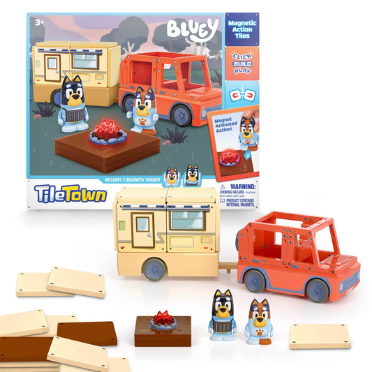 Tile Town Bluey Heeler Camper tiles enable creative building and storytelling with magnetic accuracy.