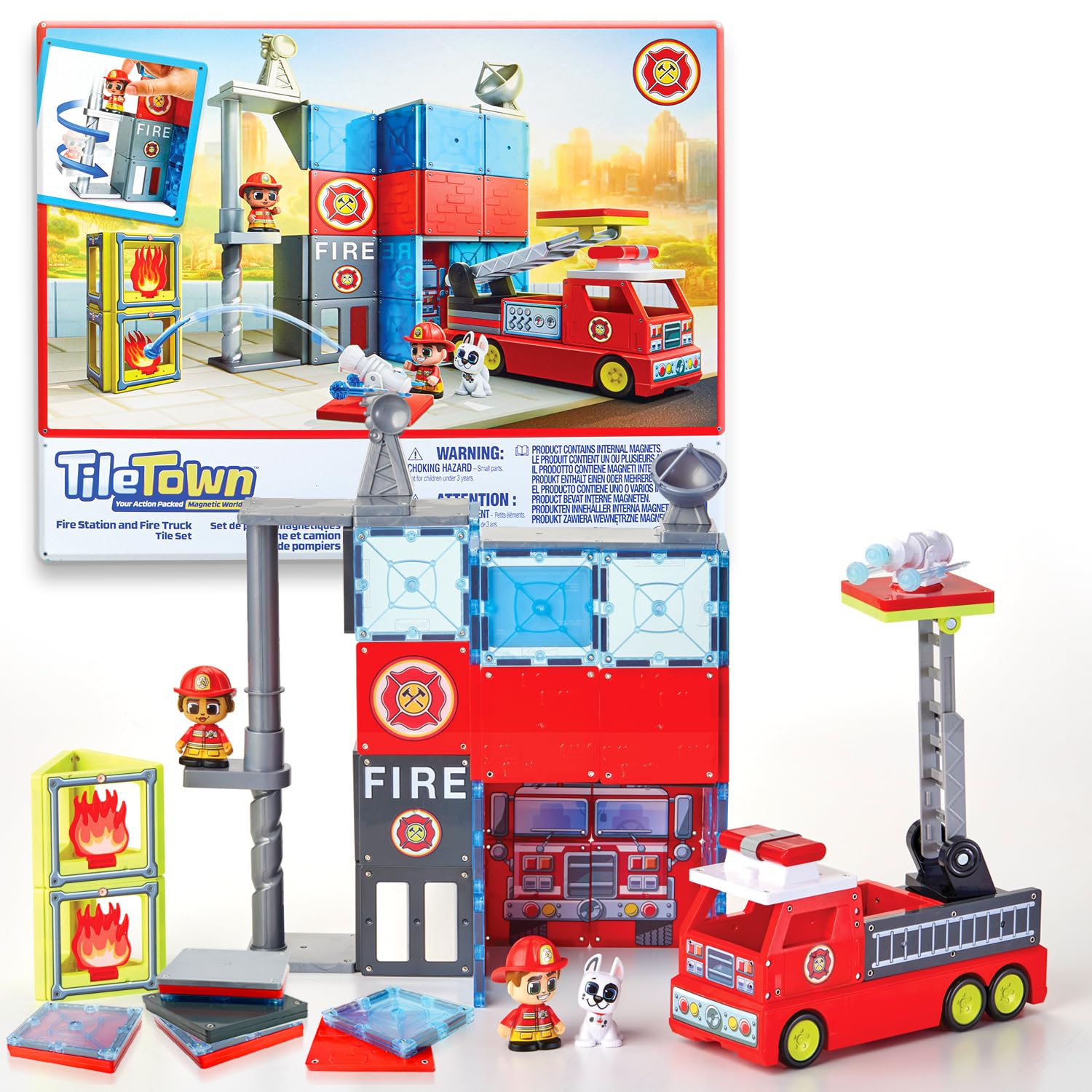 Tile Town Fire Station tiles show durable magnets for creative playtime