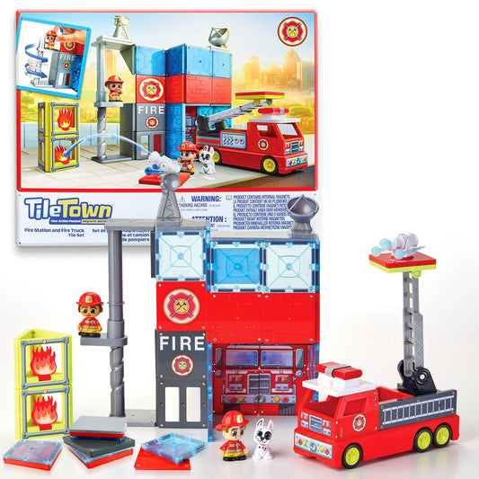 Tile Town Fire Station tiles show durable magnets for creative playtime