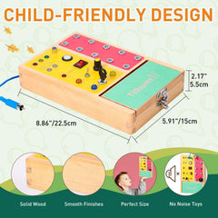 Tilhumt busy board buttons and dials support color learning and independent play.