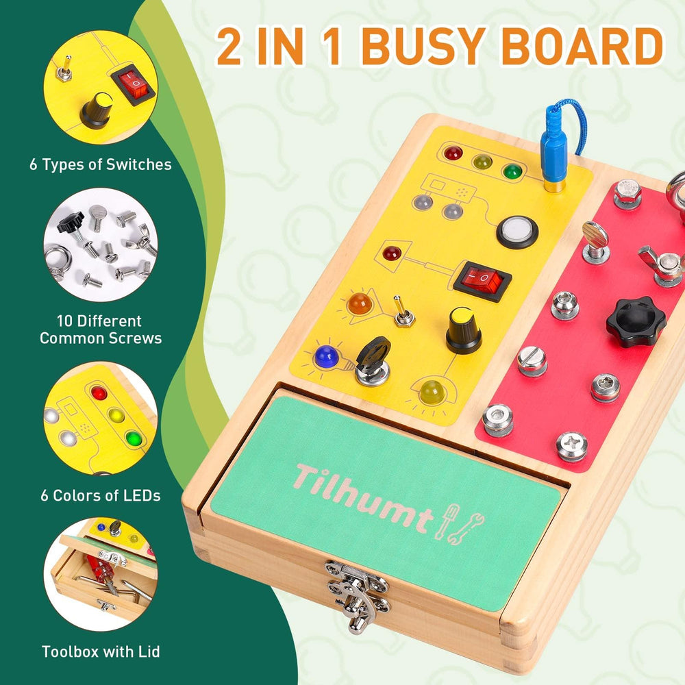 Tilhumt busy board with LEDs delivers visual feedback during activities.
