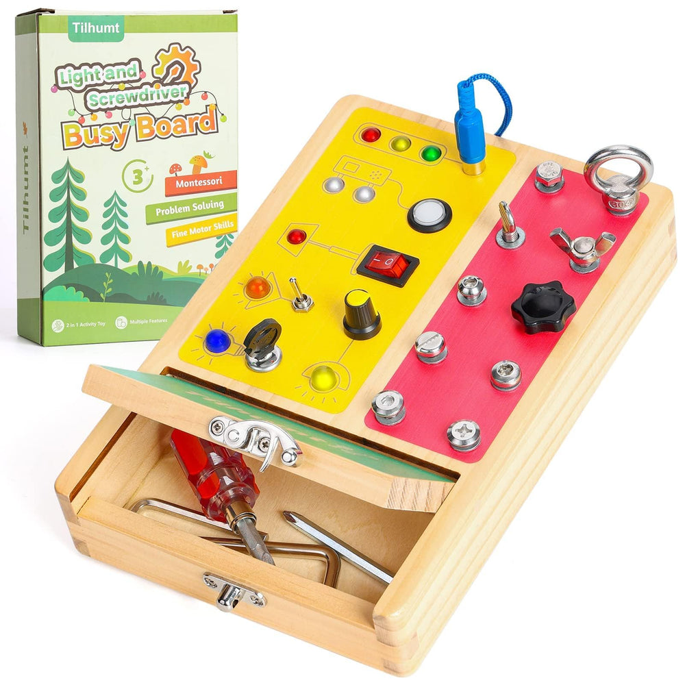 Tilhumt busy board with LED switches boosts fine motor exploration and color recognition.