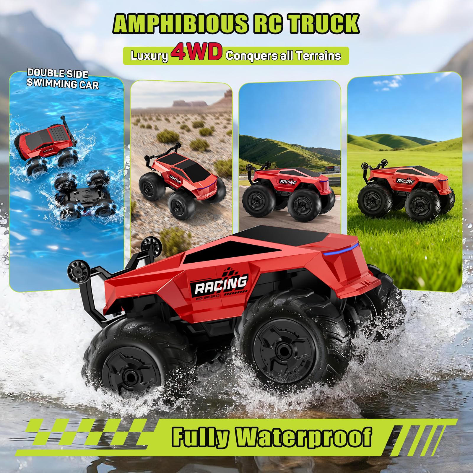 TIME4DEALS amphibious RC car with LED lights for dusk adventures.