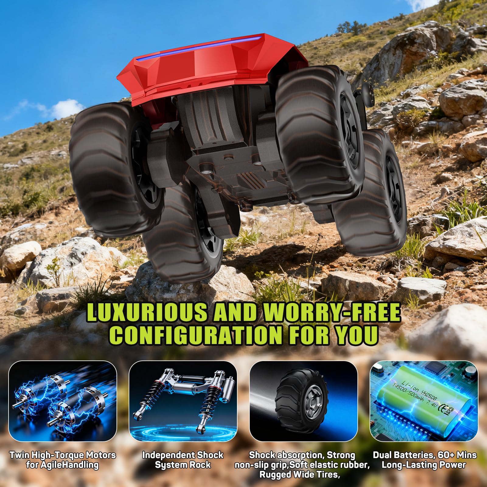 TIME4DEALS RC truck with 2.4GHz control for interference-free racing.