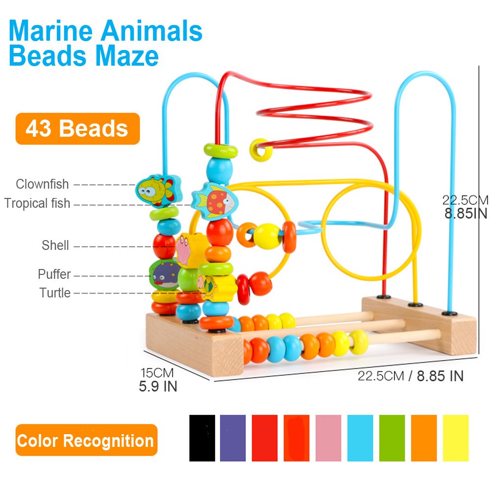 Timy wooden bead maze close-up with colorful beads inviting fine motor practice.