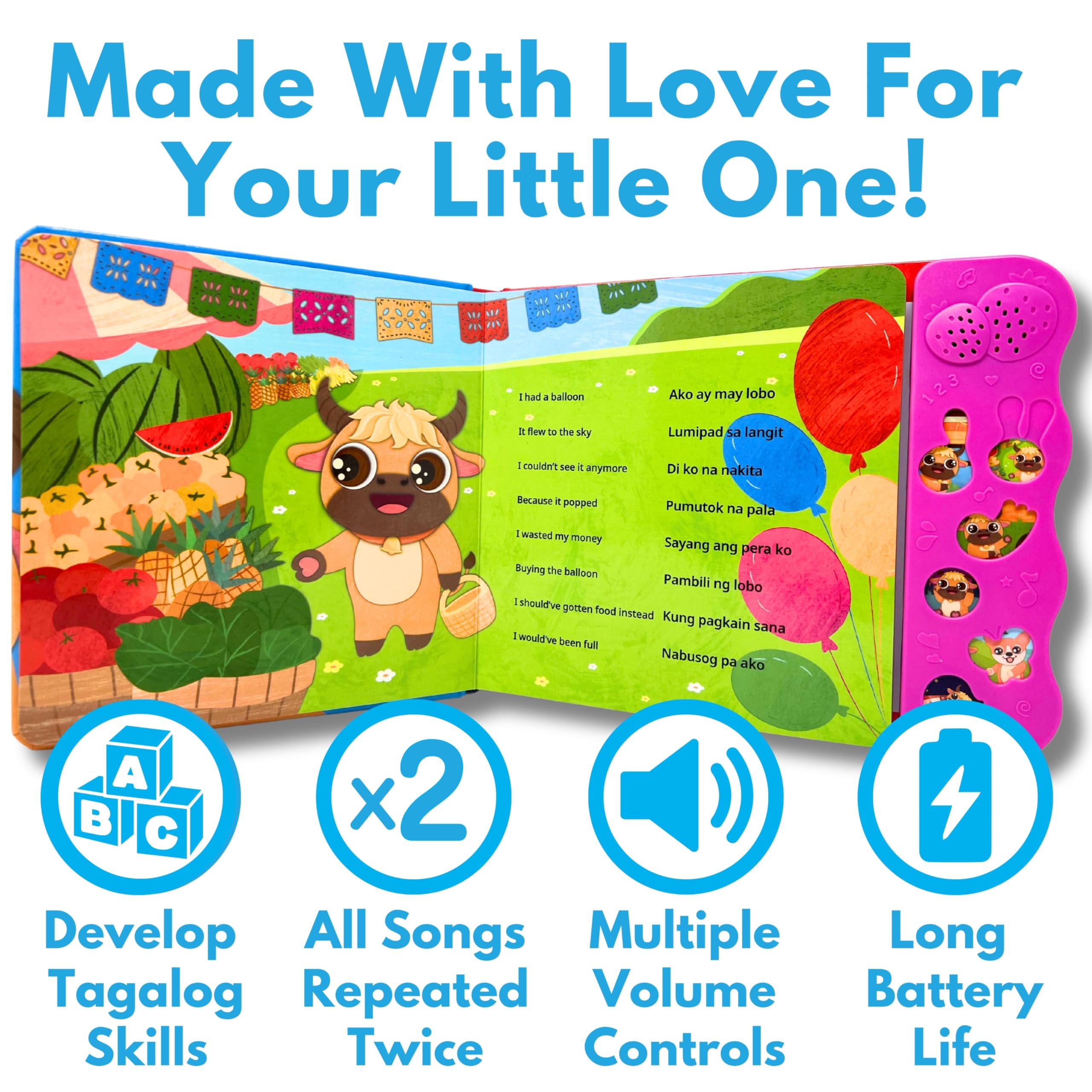 Button panel on Tin Tin Learns Tagalog highlights kid-friendly controls