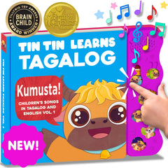 Tin Tin Learns Tagalog book cover promotes bilingual learning with music