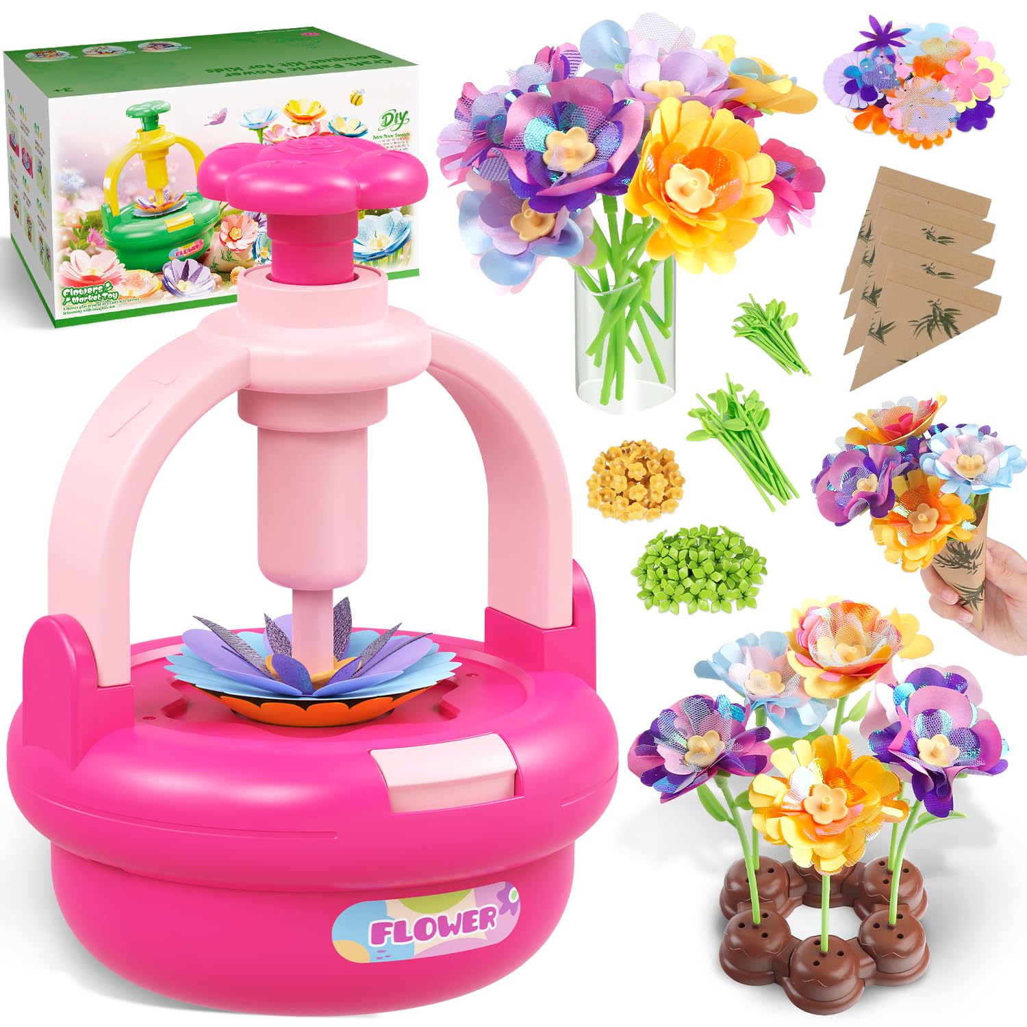TingingYuli Flower Market Kit with press machine enables easy, kid-friendly bouquet creation.