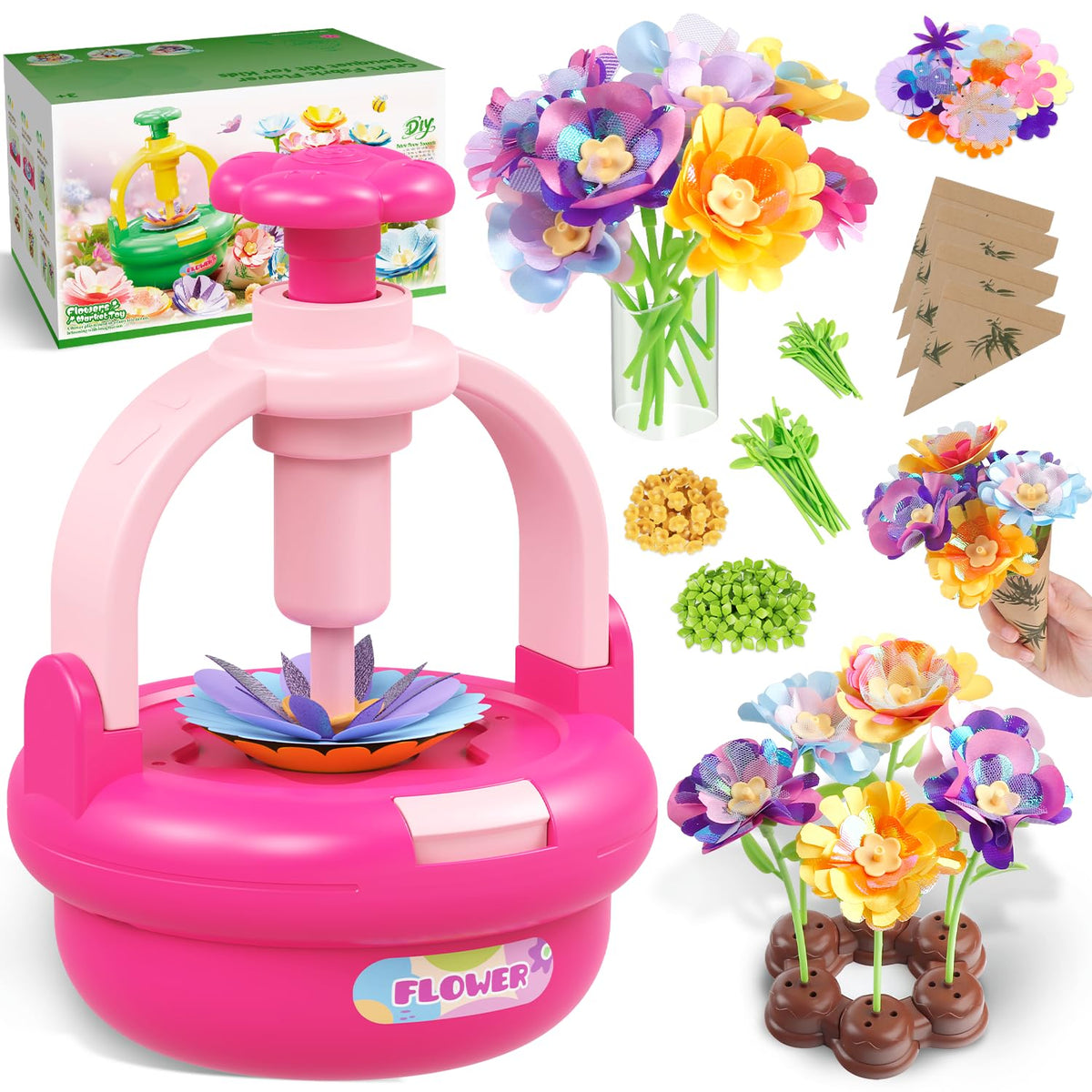 TingingYuli Flower Market Kit with press machine enables easy, kid-friendly bouquet creation.