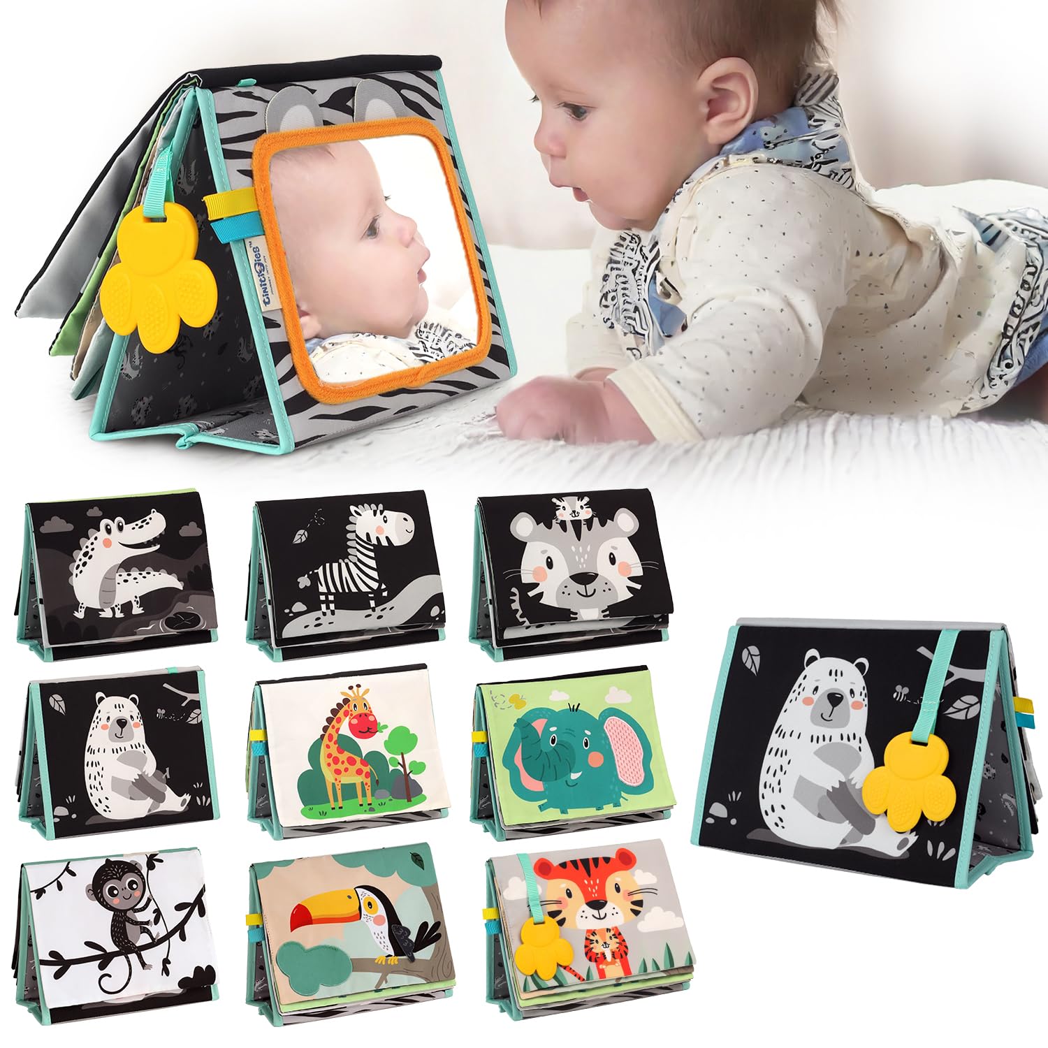TINITIGIES tummy time mirror cover with high-contrast visuals for early tracking.