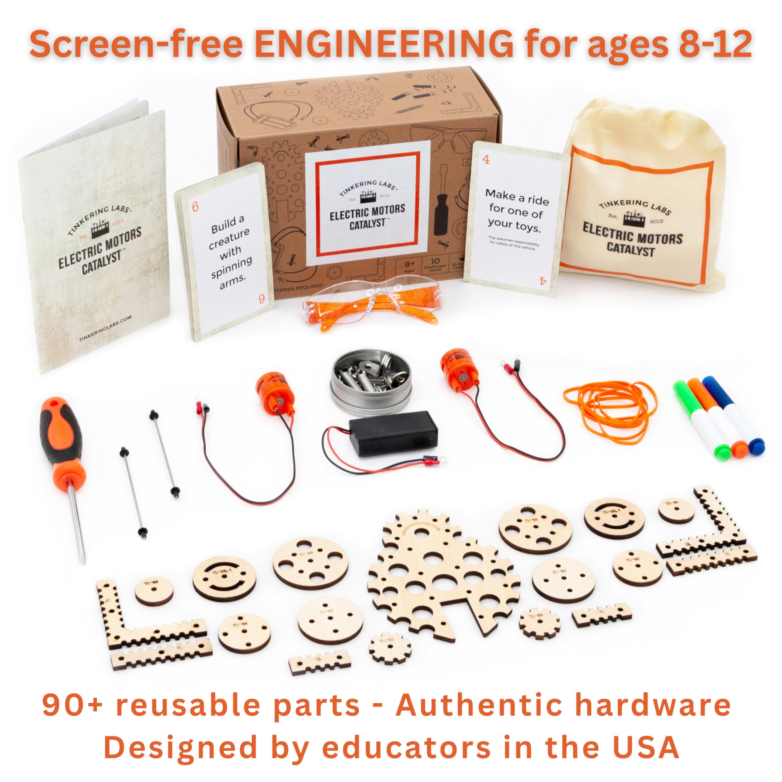 Tinkering Labs Robotics Kit components spread highlights 50+ parts for creative building.