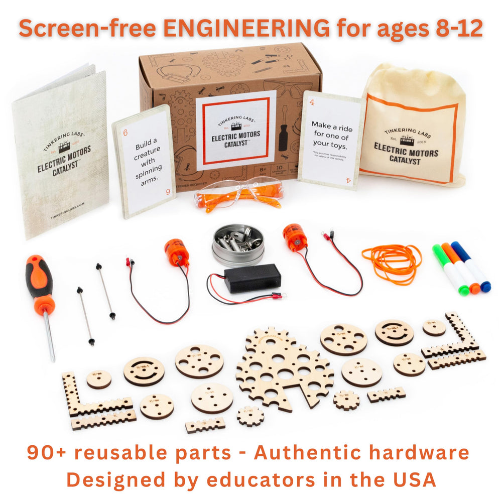 Tinkering Labs Robotics Kit components spread highlights 50+ parts for creative building.