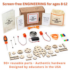Tinkering Labs Robotics Kit components spread highlights 50+ parts for creative building.