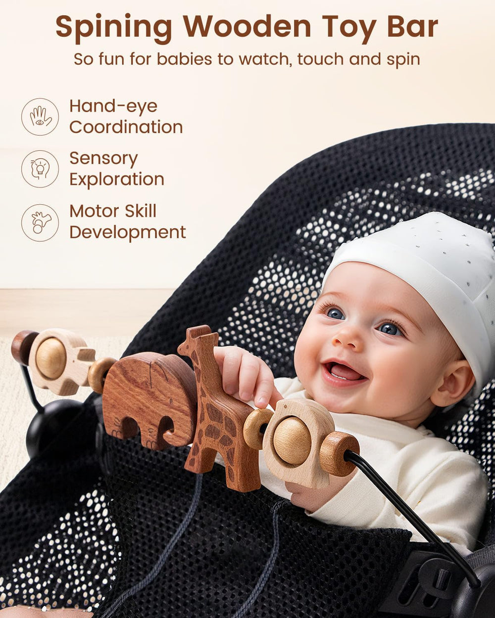 TinlyFinly baby bouncer bar wooden animal figures offer sensory exploration