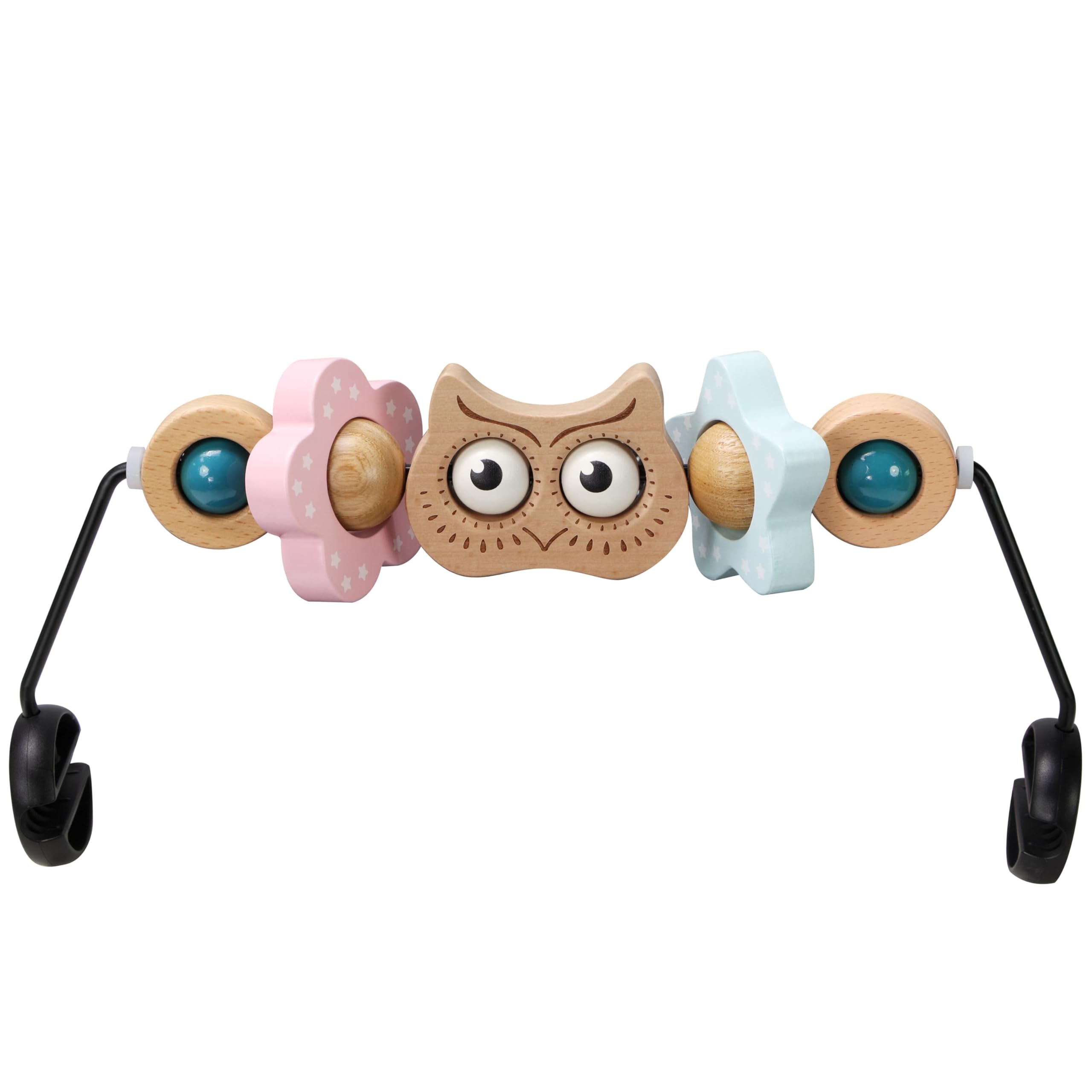 TinlyFinly owl wooden toy bar engages baby visually in the Baby Bjorn bouncer