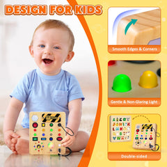 Buttons and switches on the Busy Board foster fine motor skills during play.
