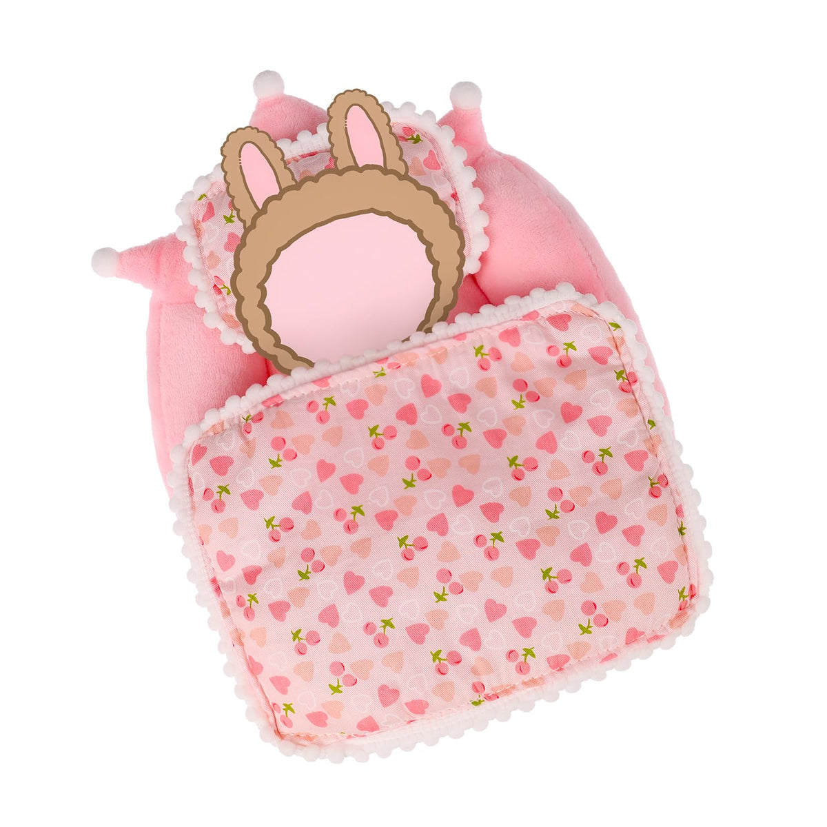Tintinwiwigo La Booooo Booooo bed with cherry pattern for a charming doll bedroom.