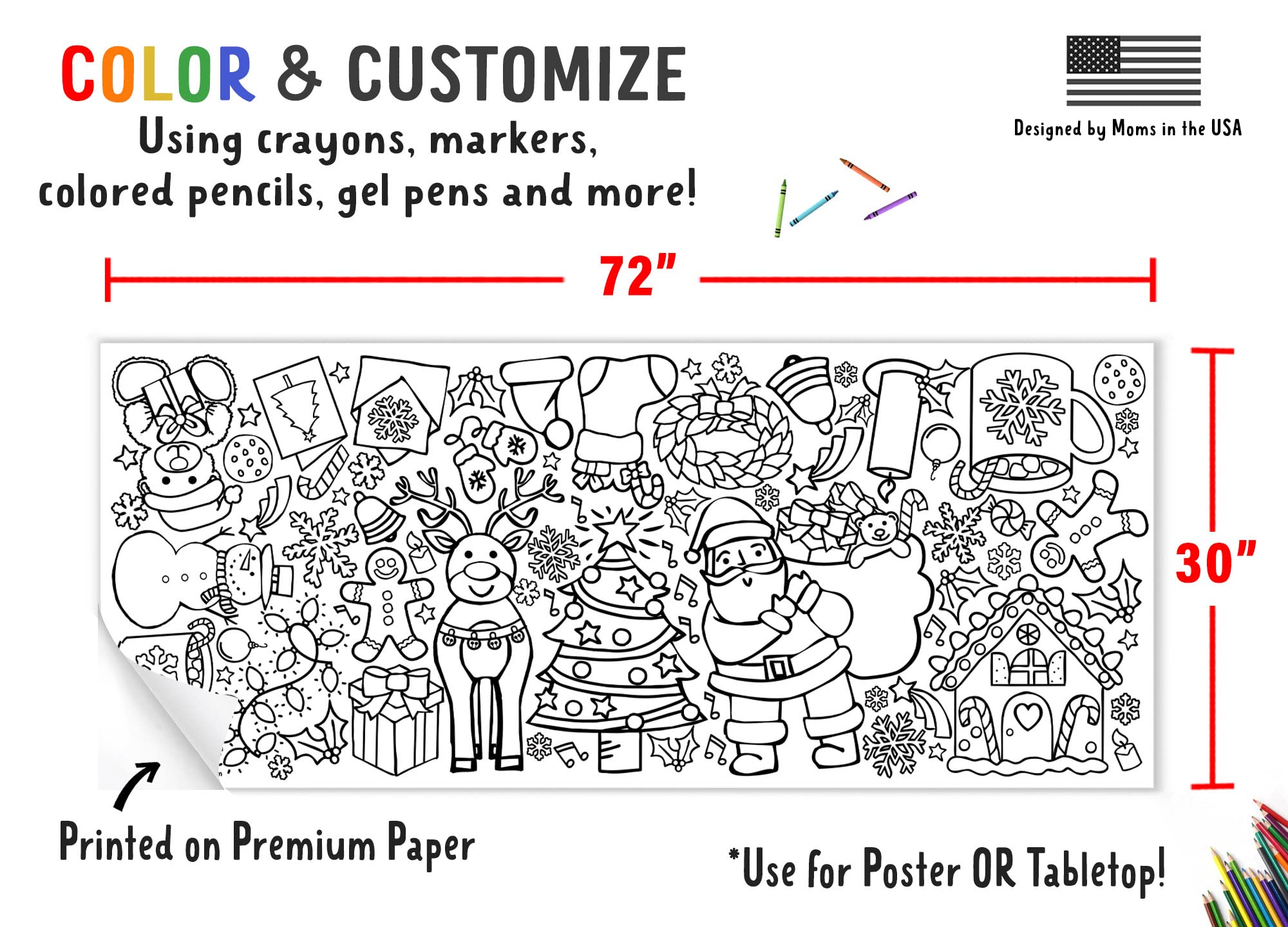 Tiny Expressions Christmas coloring tablecloth invites kids to color together.