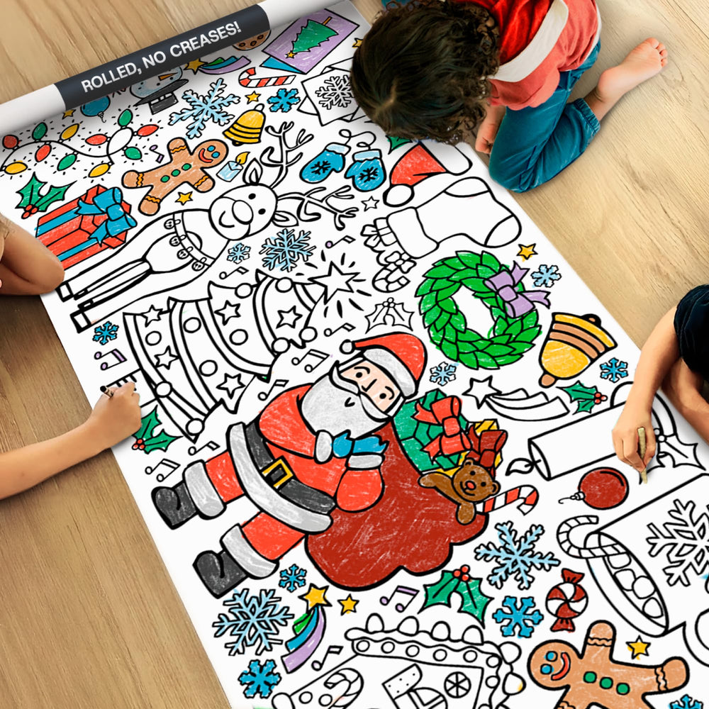 Tiny Expressions Christmas coloring tablecloth, rolled flat for crease-free coloring.
