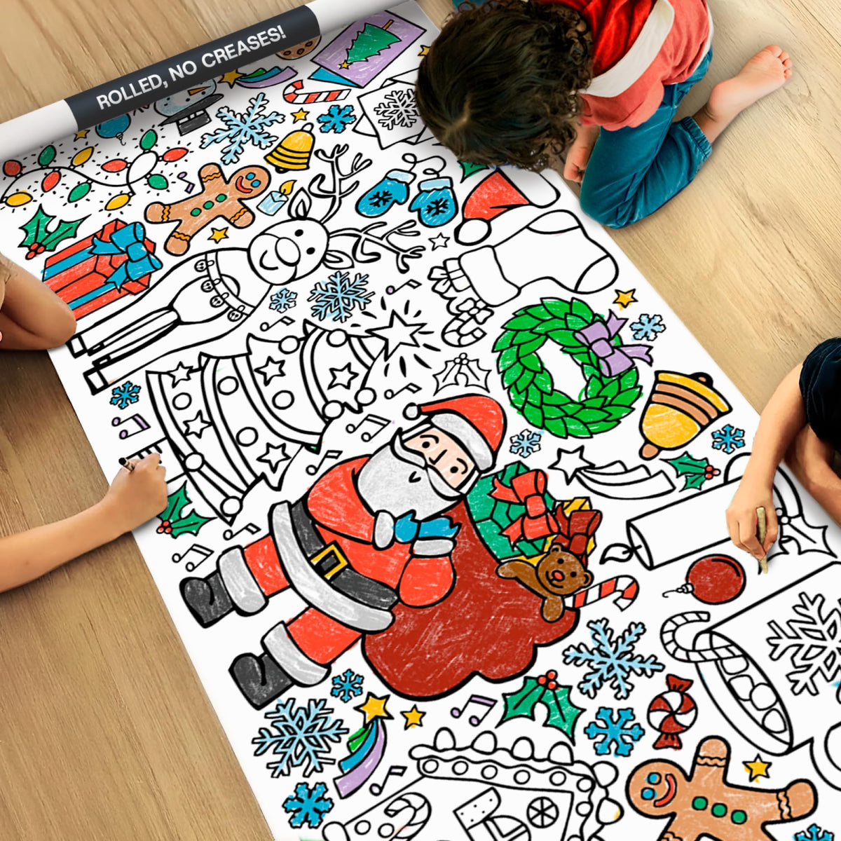 Tiny Expressions Christmas coloring tablecloth, rolled flat for crease-free coloring.
