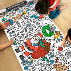 Tiny Expressions Christmas coloring tablecloth, rolled flat for crease-free coloring.