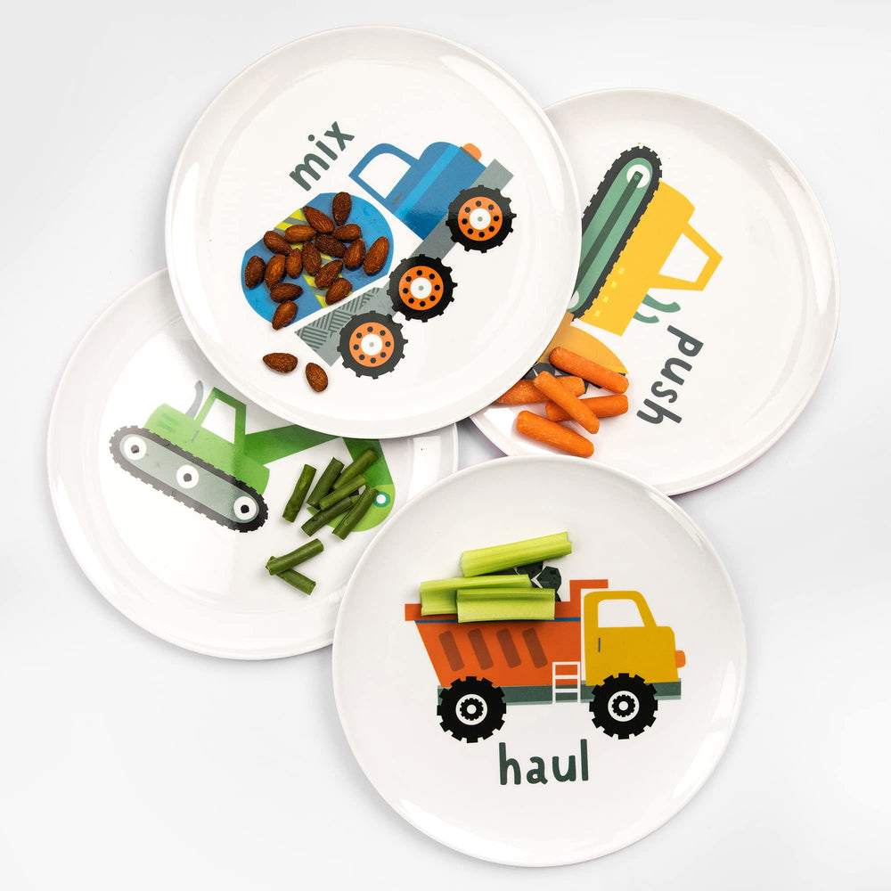 Tiny Expressions bulldozer plate highlighting durable edges and kid-friendly theme