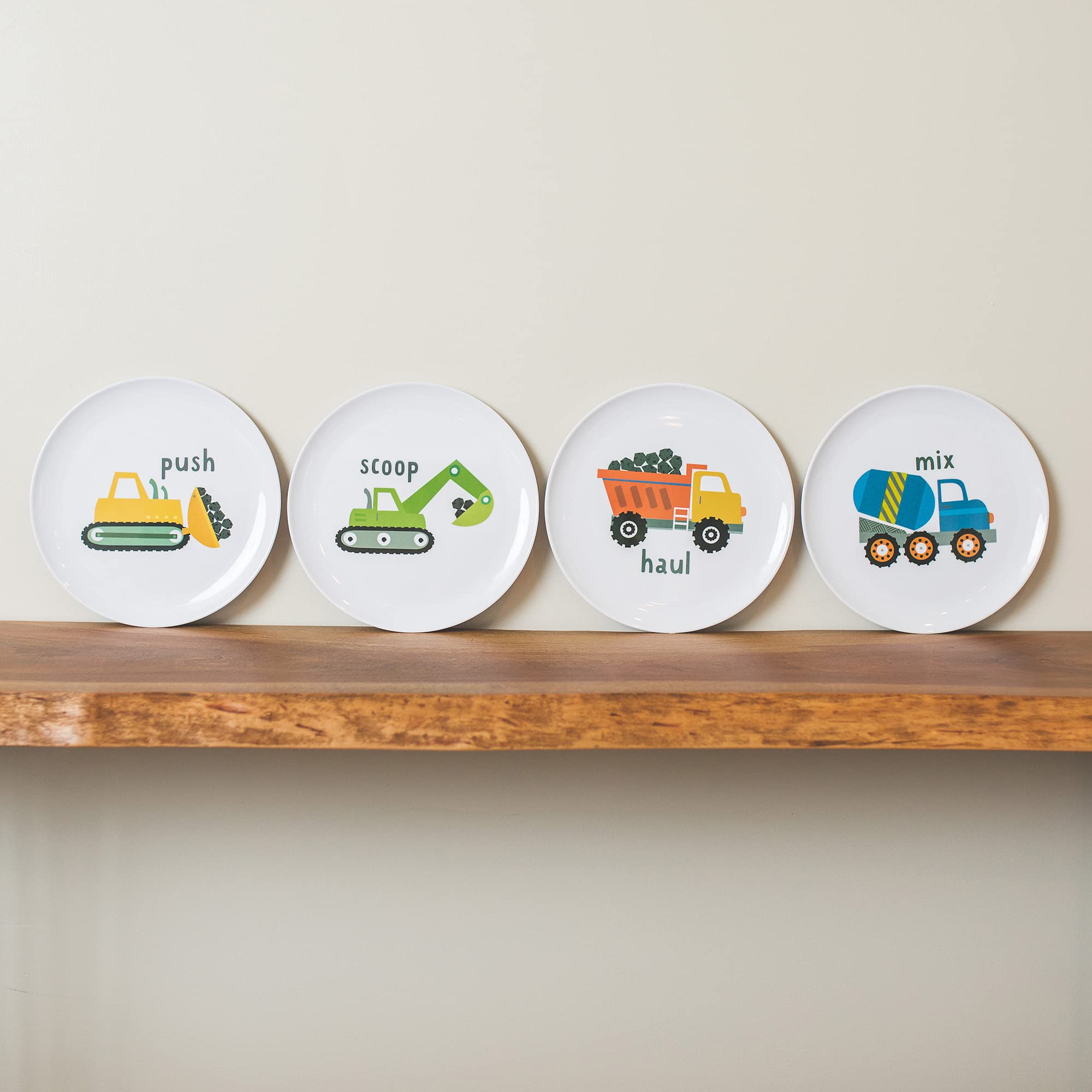 Tiny Expressions dump-truck closeup plate demonstrating sturdy construction and dishwasher use
