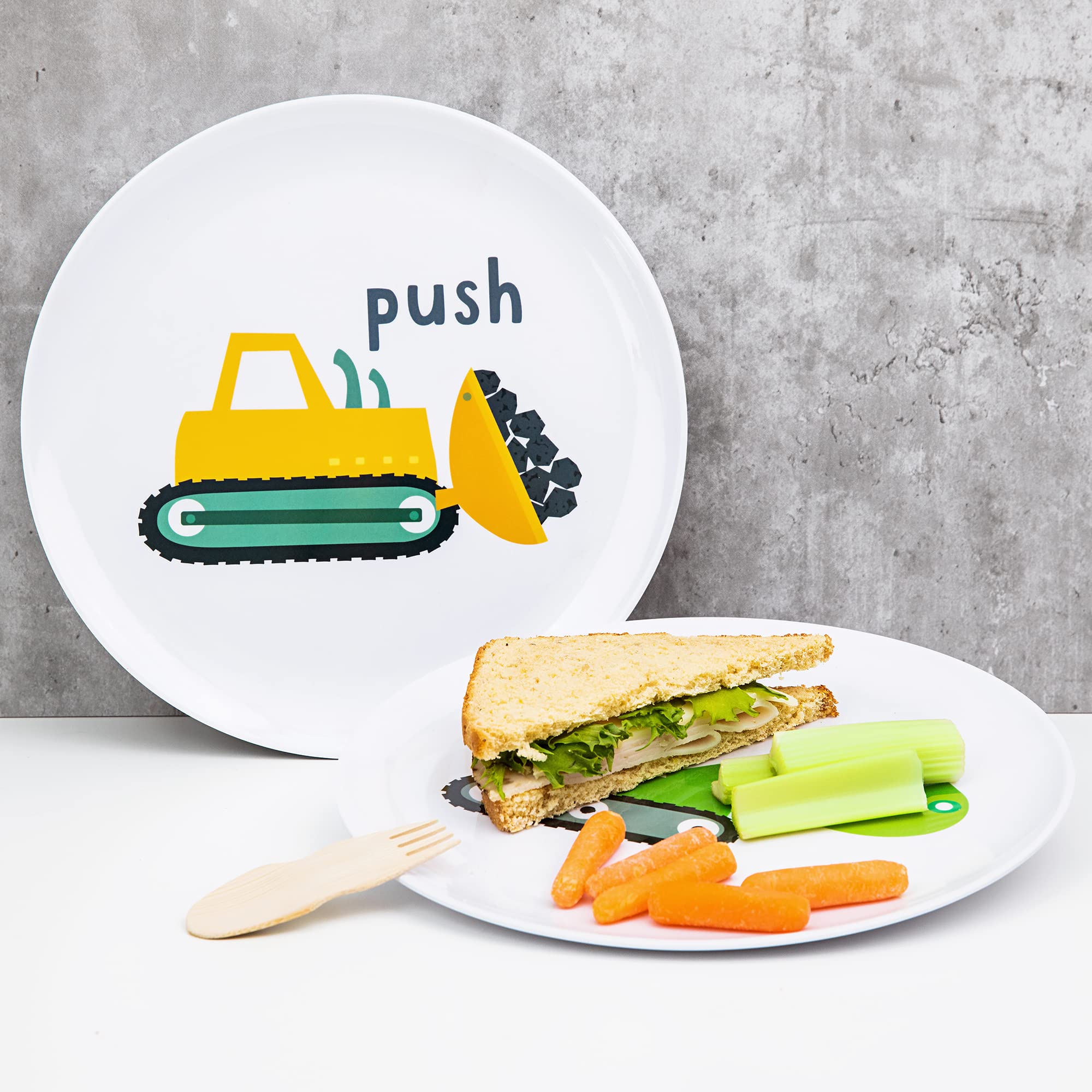 Tiny Expressions excavator closeup plate emphasizing playful theme and easy cleanup