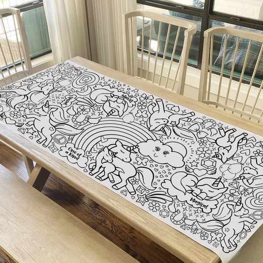 Tiny Expressions unicorn coloring poster laid out as a large tablecloth for mess-free crafting.
