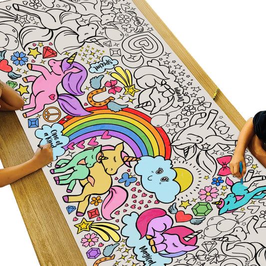 Tiny Expressions unicorn coloring poster rolled for crease-free setup on a table.