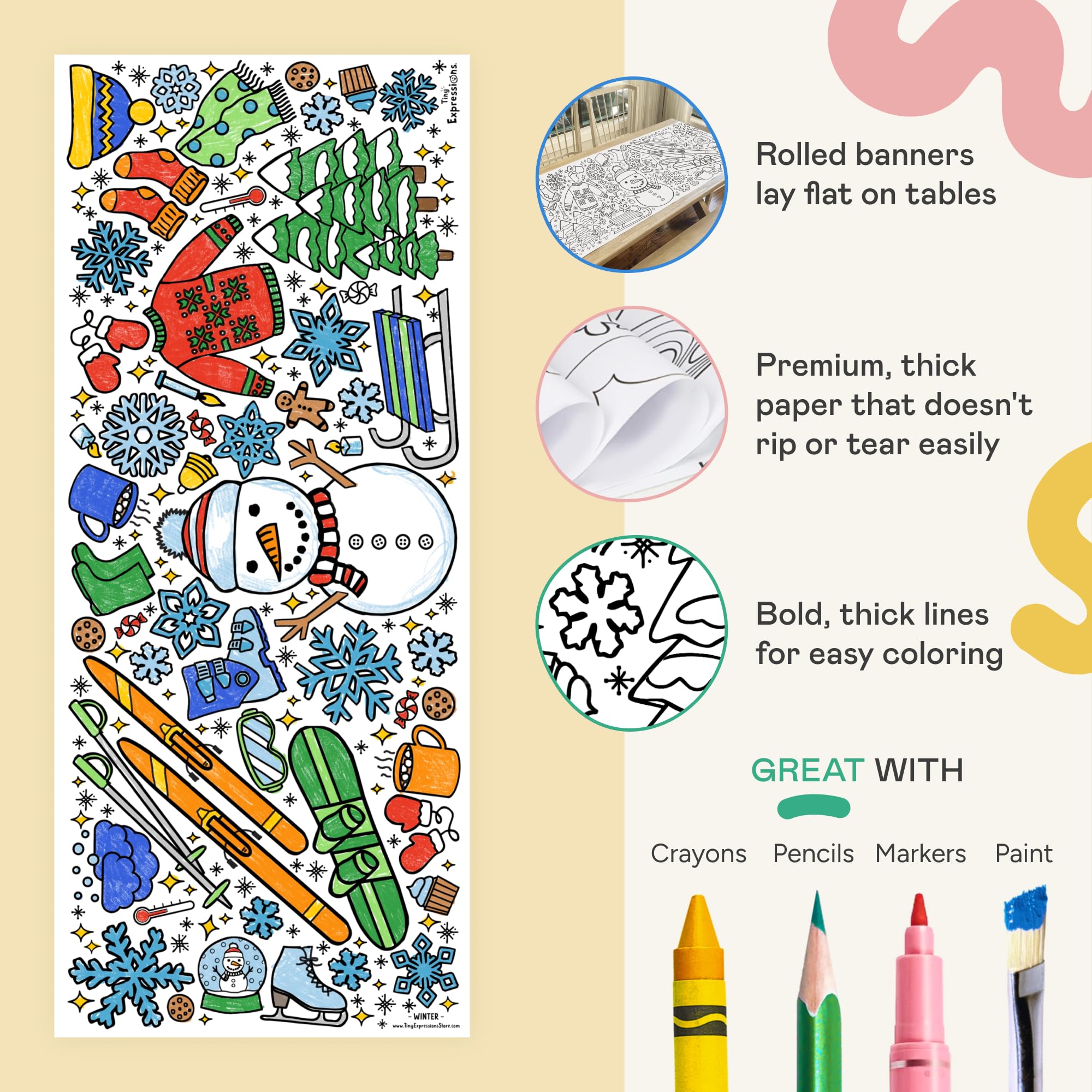 Tiny Expressions winter activities coloring invites kids to join in games.