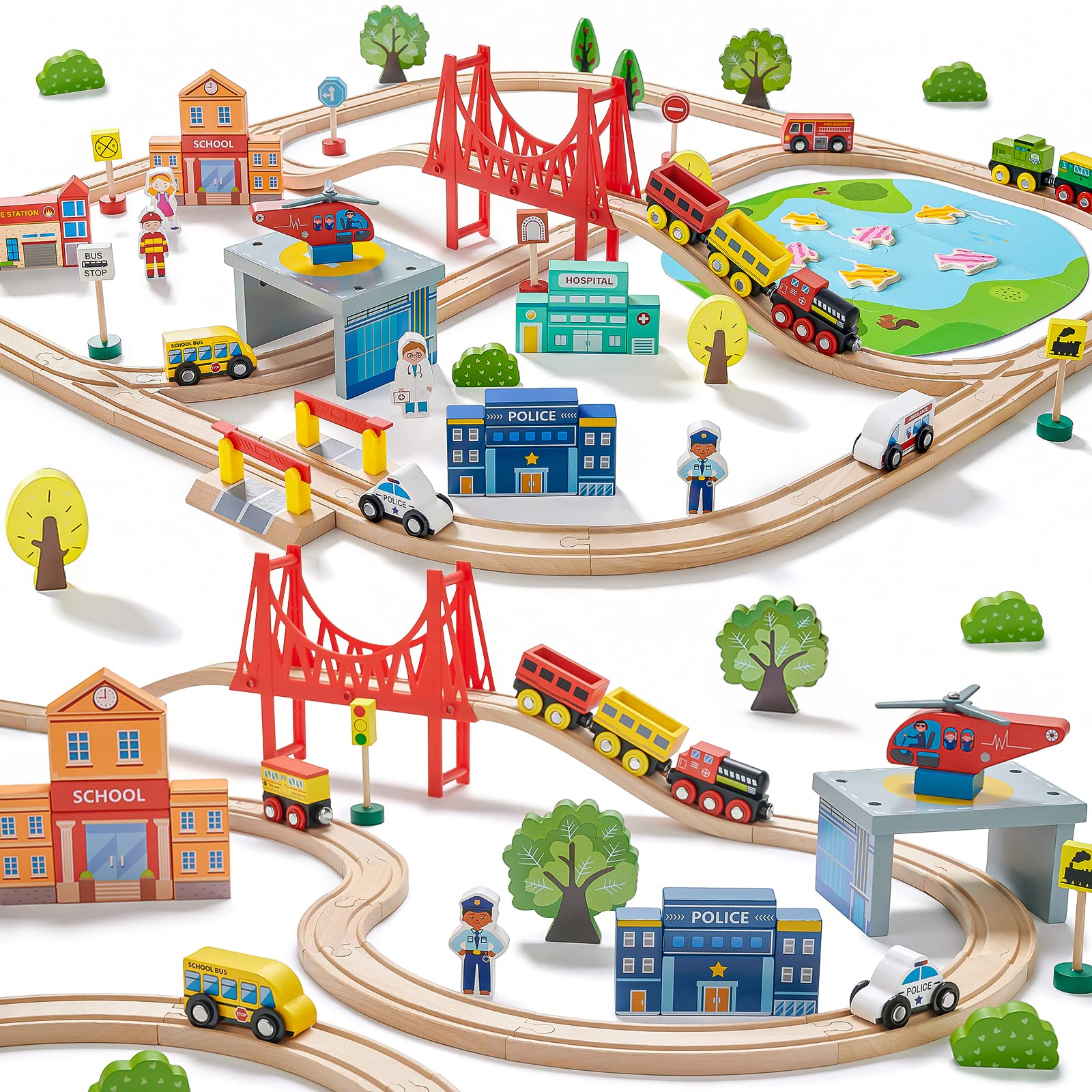Tiny Land 110PCS wooden train set with tracks for imaginative play
