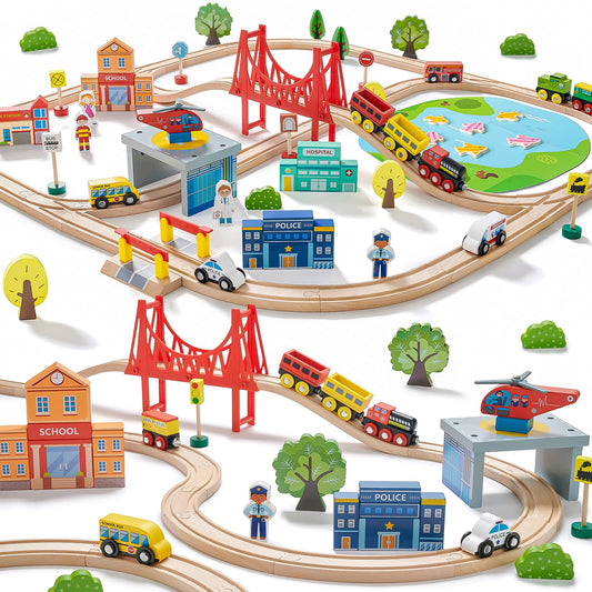 Tiny Land 110PCS wooden train set with tracks for imaginative play
