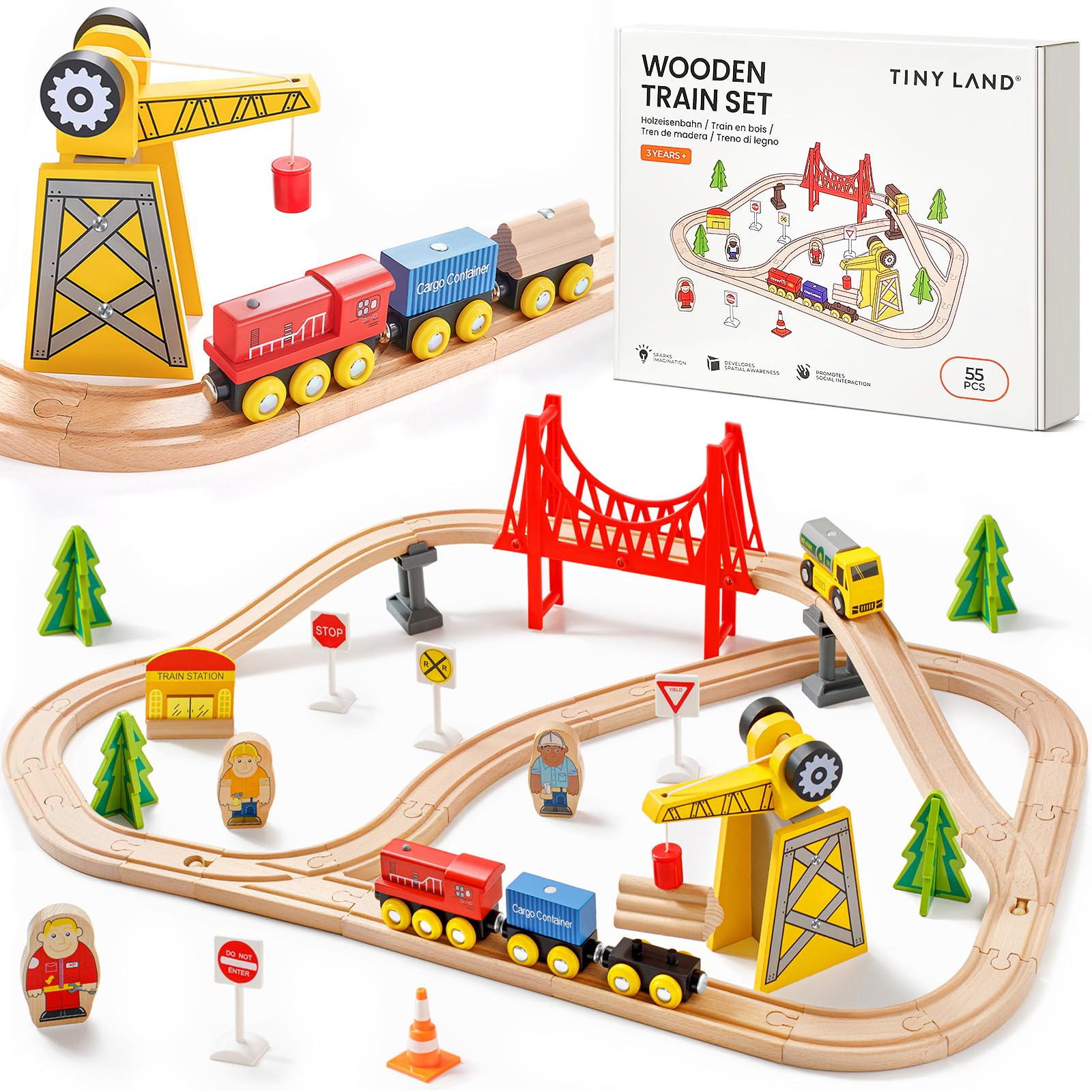 Tiny Land 55PCS wooden train set crane in action, engaging kids in pretend play
