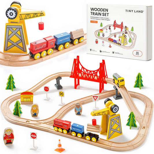 Tiny Land 55PCS wooden train set crane in action, engaging kids in pretend play