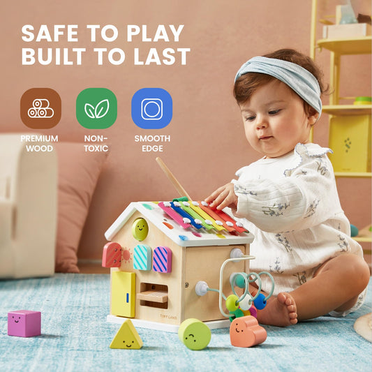 Tiny Land 9-in-1 cube bead maze supports fine motor coordination.