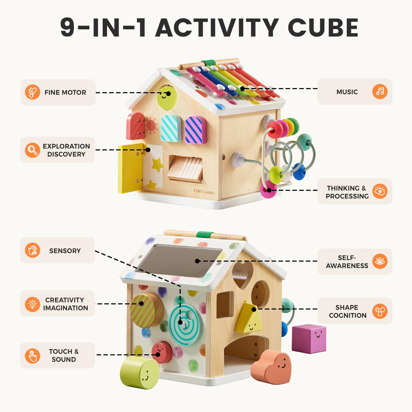 Tiny Land 9-in-1 cube shape sorter aids color and shape recognition.