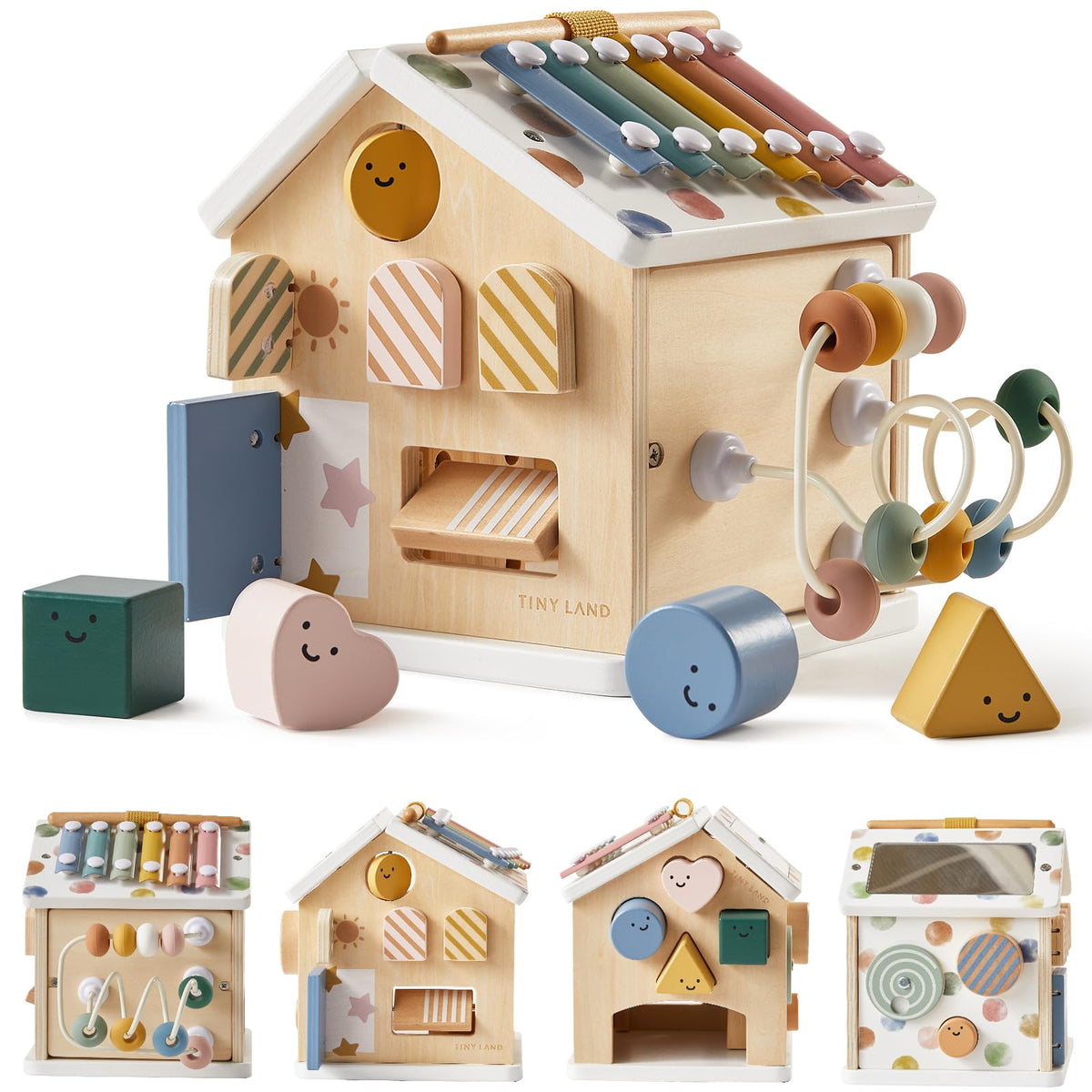 Tiny Land 9-in-1 wooden activity cube xylophone: boosts auditory exploration and motor skills.
