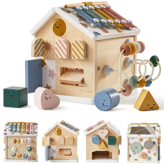 Tiny Land 9-in-1 wooden activity cube xylophone: boosts auditory exploration and motor skills.