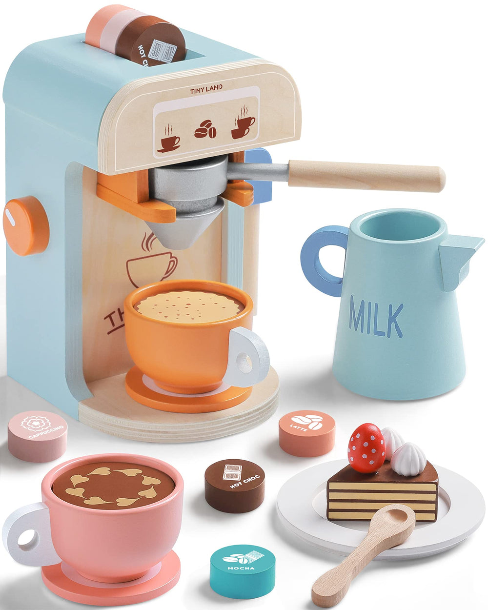 Tiny Land coffee maker set wooden with bright colors for imaginative play and pretend barista fun