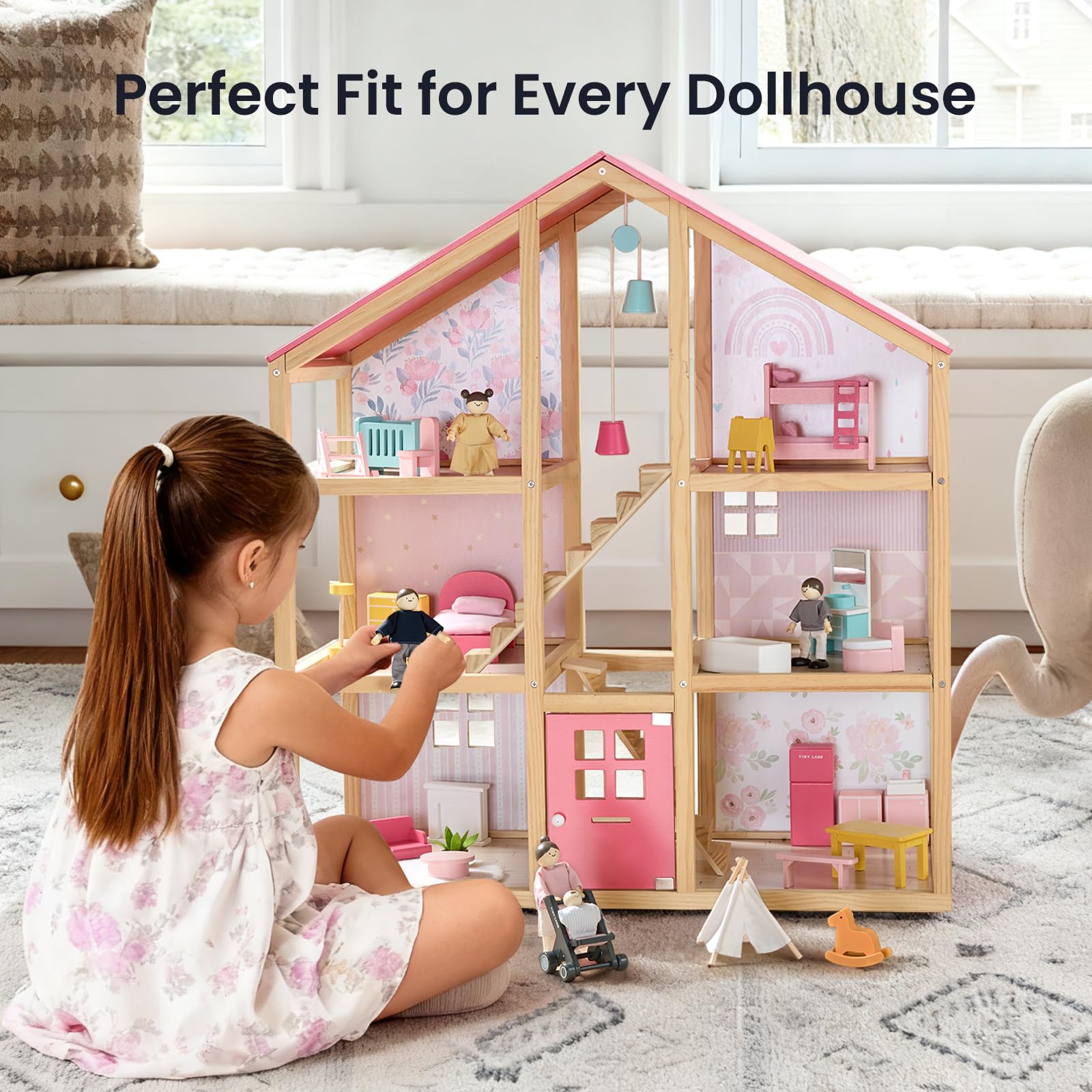Tiny Land doll family mealtime setup for cooperative role play.