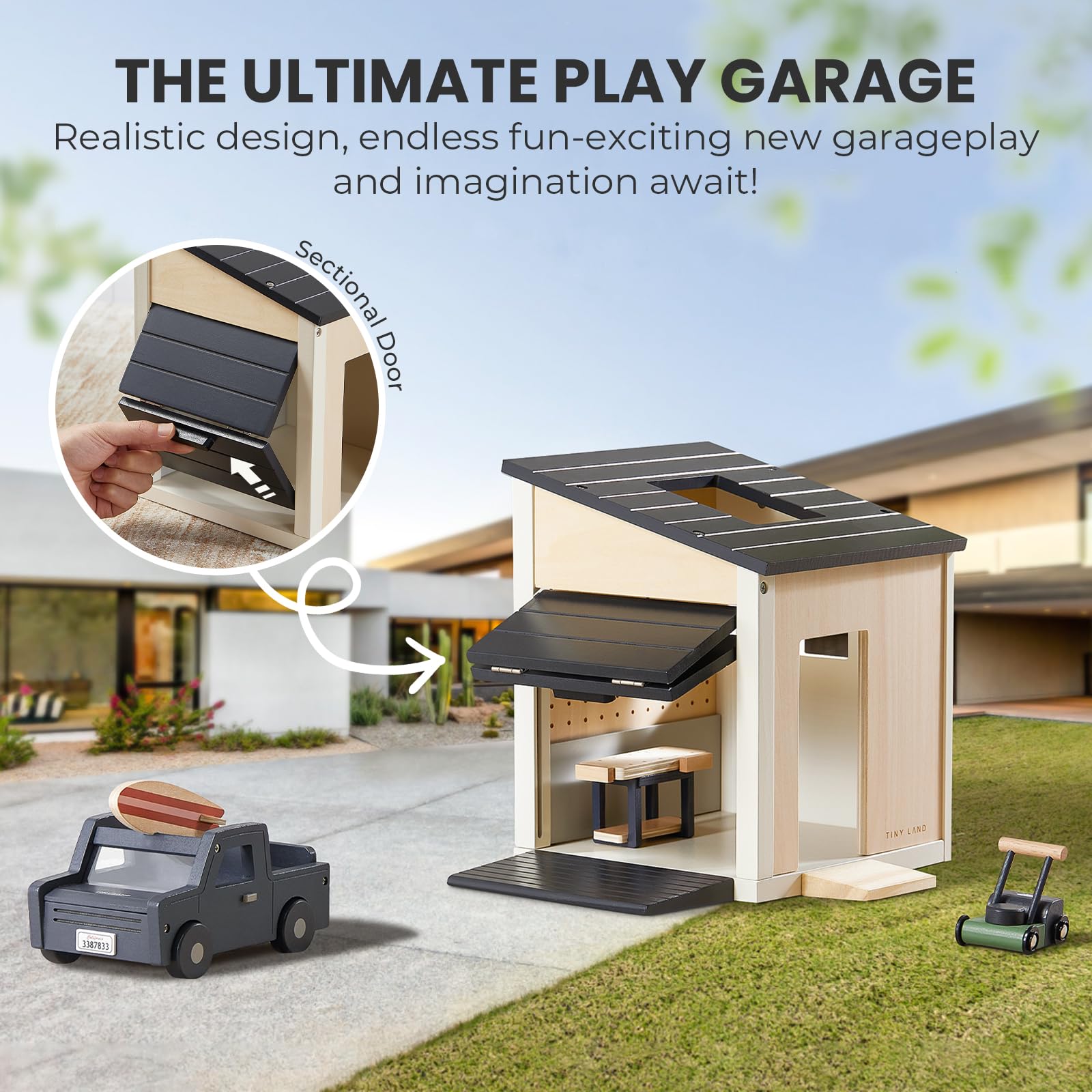 Tiny Land lawn mower fits the garage for realistic pretend yard maintenance