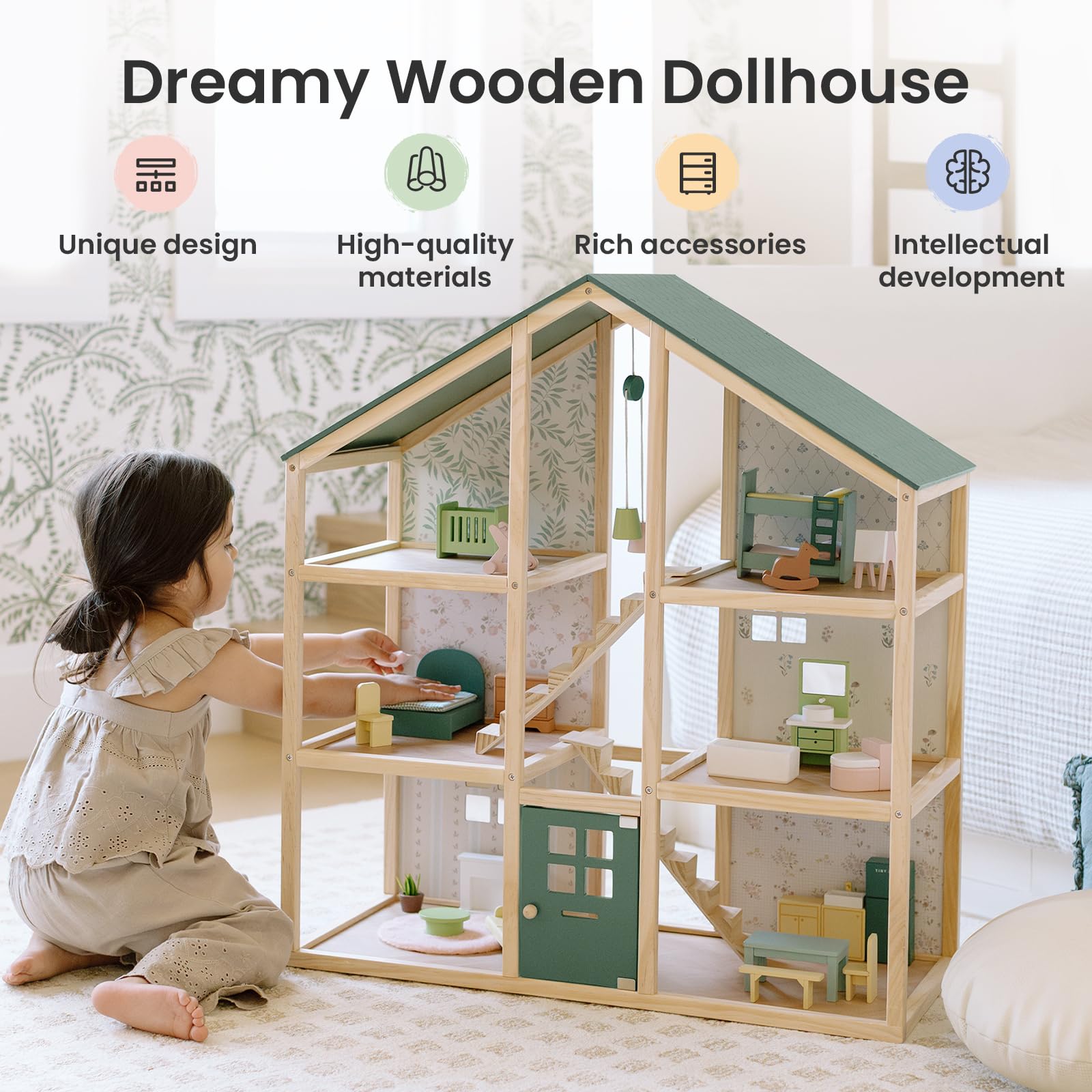 Tiny Land dollhouse olive-green roof invites cozy imaginative play sessions.