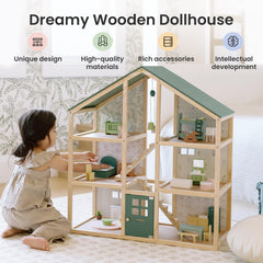 Tiny Land dollhouse olive-green roof invites cozy imaginative play sessions.