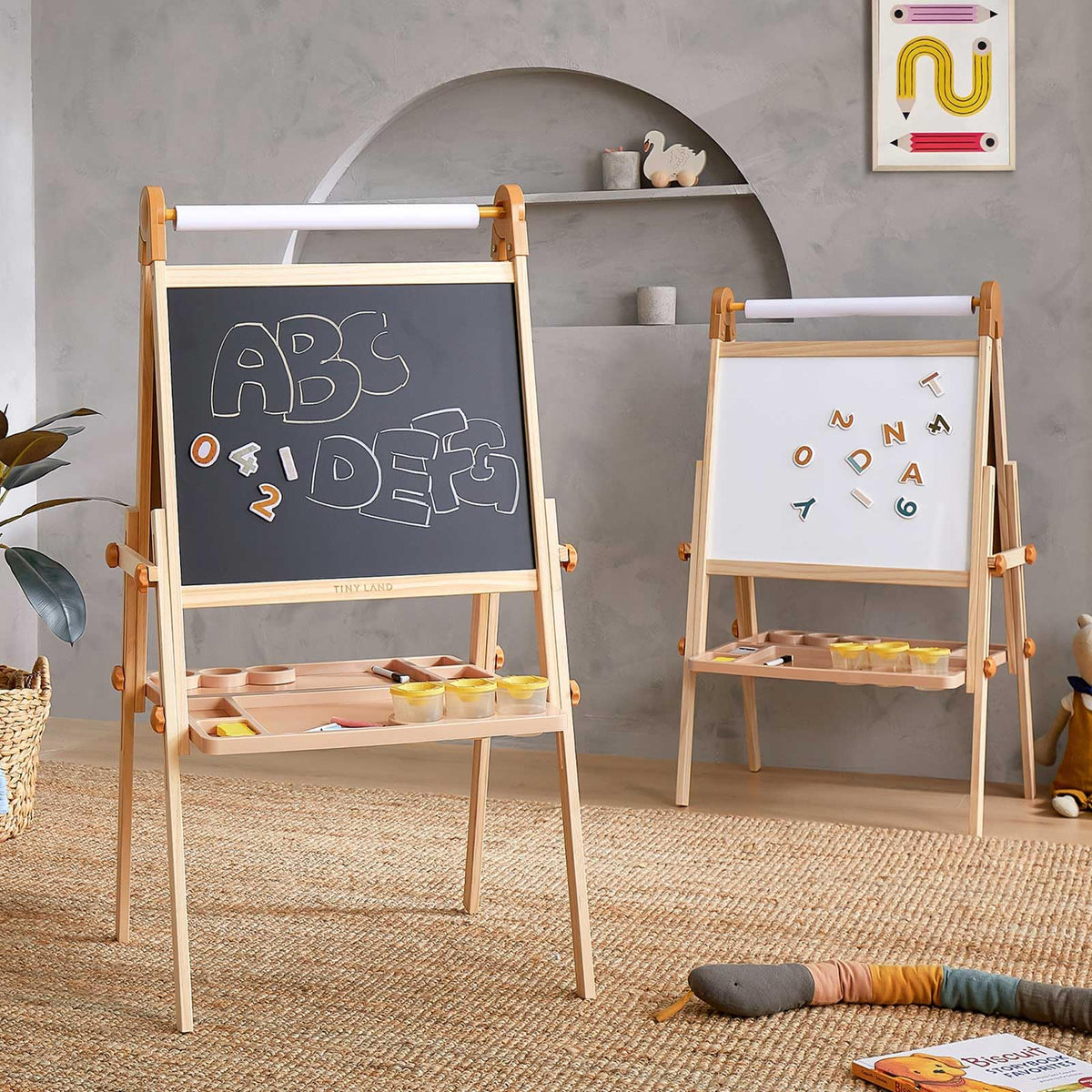 Tiny Land double-sided magnetic easel for kid-friendly drawing and learning.