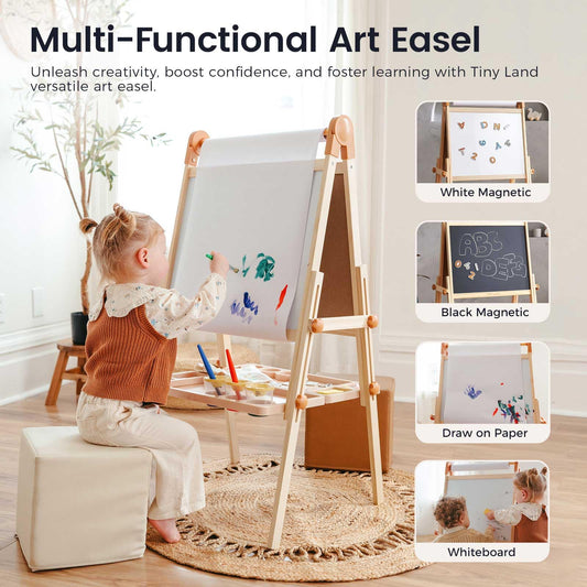 Tiny Land wooden frame provides a sturdy base for creative play and art.