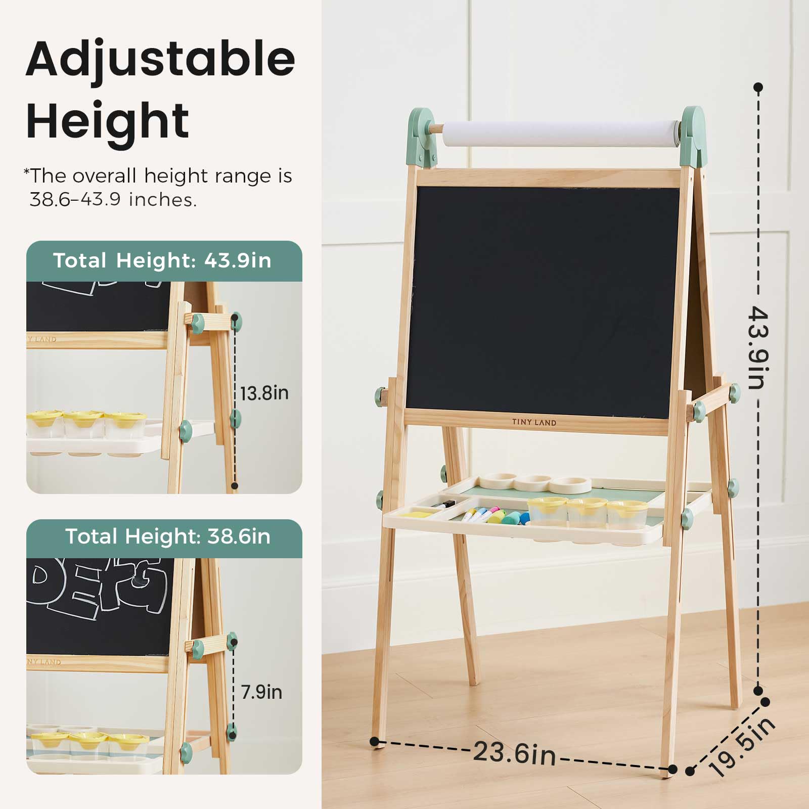 Eco-friendly wooden Tiny Land easel in a bright green finish for kids