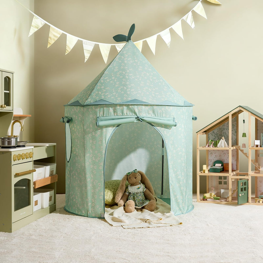 Tiny Land Play Tent rolled-up door; convenient opening for cozy entries.